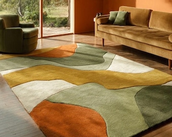 Retro Wave Area Rug - Mid Century Modern Carpet in Orange, Green, Mustard Tones | Vintage Style Living Room Decor
