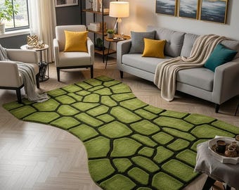Botanical Moss Wool Rug – Hand-Tufted Green Area Carpet, 3D Pebble Path Design, Organic Irregular Shape Floor Decor, Modern Nature-Inspired