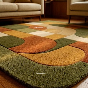 Geometrisk ullmatta i modern design från mitten av århundradet – Retro abstrakt grön och orange handtuftad matta | Vardagsrumsinredning i vintagestil