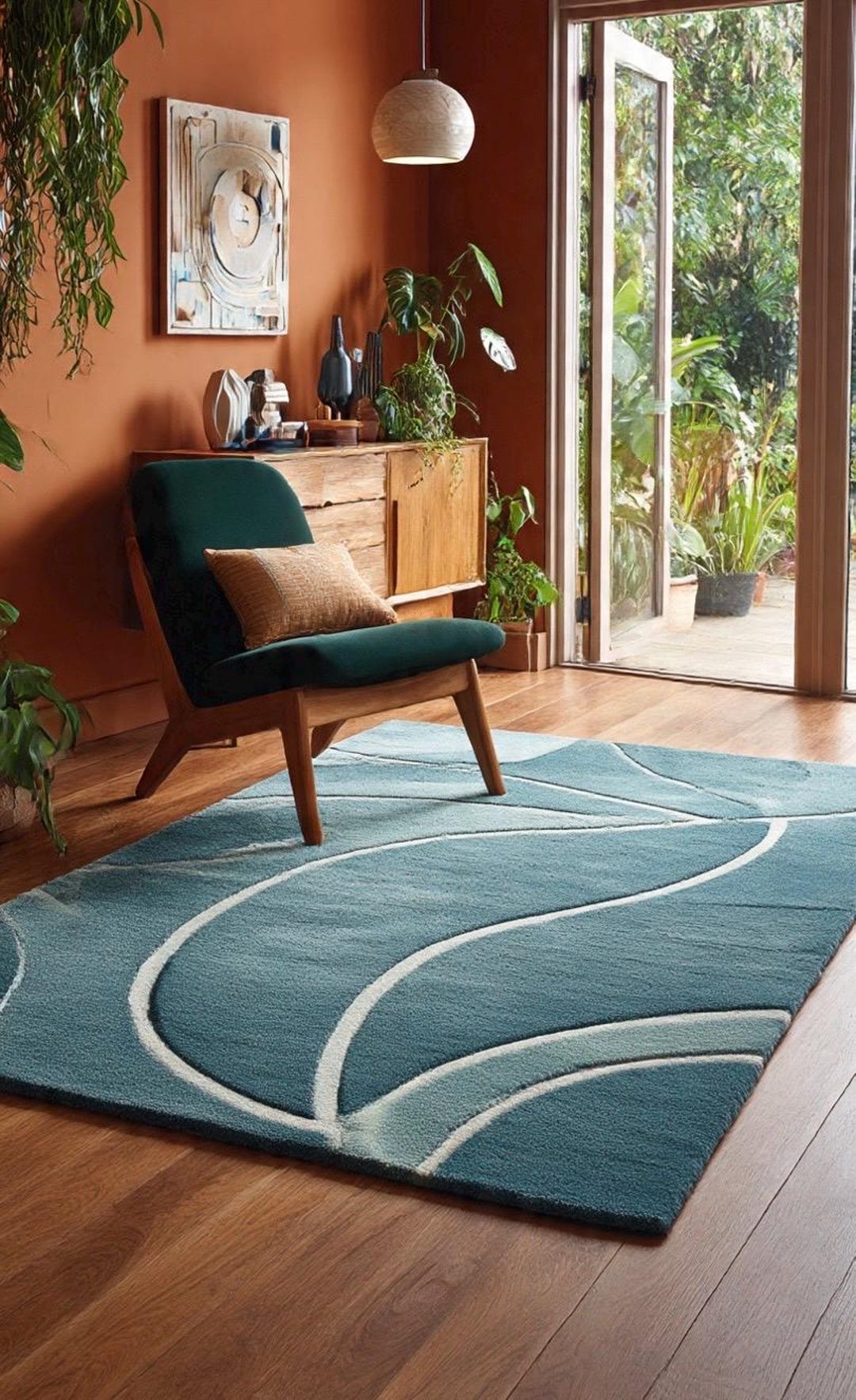 Modern Teal Wool Area Rug | Hand Tufted Abstract Wave Design | Mid ...