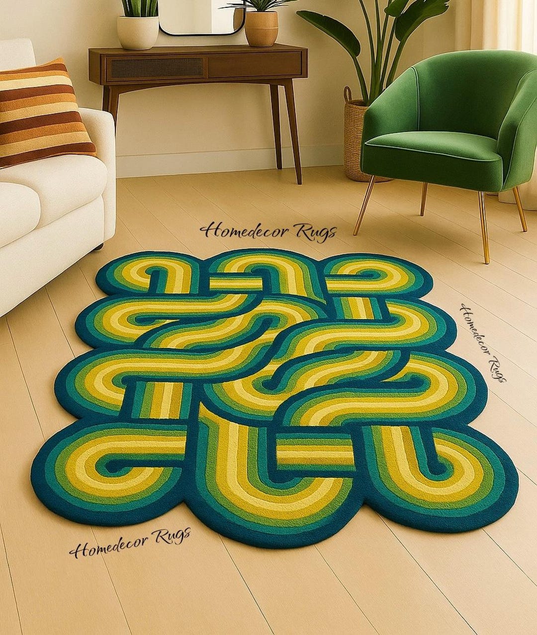 幾何学模様 ウールラグ 大判 幾何学模様のウールラグ：レトロなマルチカラーのタフテッドアクセント