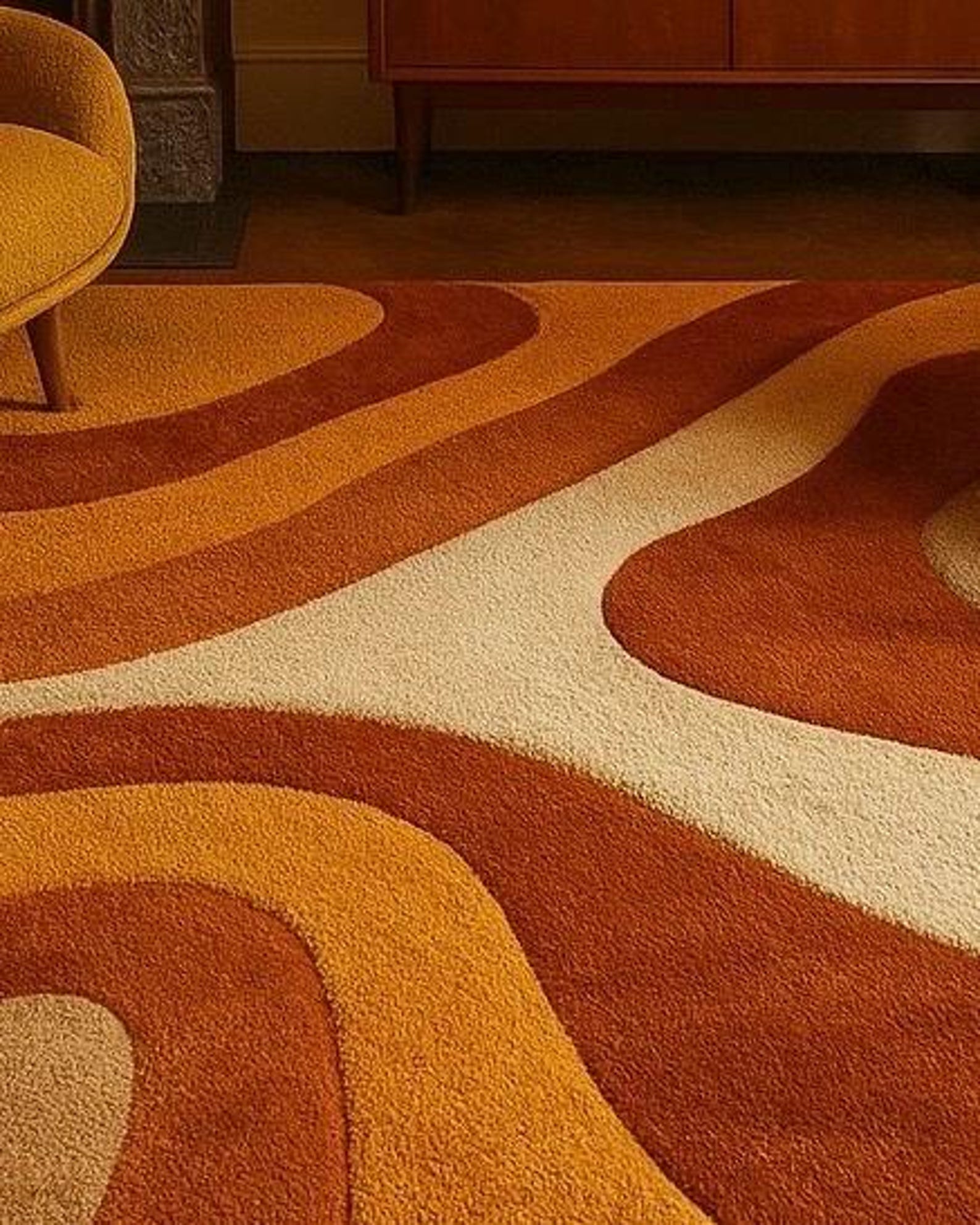 Retro Mid Century Shag Rug – 70s Geometric Orange Brown Wool Carpet ...