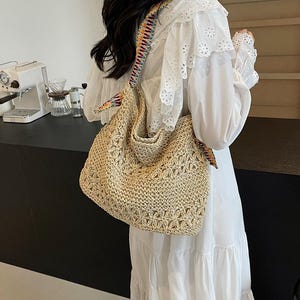 Boho Straw Shoulder Bag – Paper Rope Handwoven Beach Tote with Colorful Strap | Summer Bohemian Purse