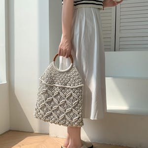 Handmade Boho Rattan Tote Bag with Cotton Inner Pouch | Macrame Market Bag | Eco-Friendly Summer Beach Bag | Wooden Handle Purse