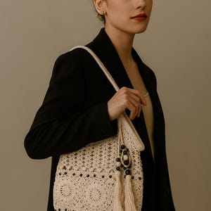 Dark Brown Handmade Crochet Shoulder Bag – Medium Shoulder Purse, Cotton Thread Everyday Bag