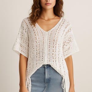 Boho Crochet Knit Top Cardigan– Women’s Summer Beach Cover Up – Loose Hollow Out Blouse – White V Neck Tunic –Festival Hippie Top – Handmade