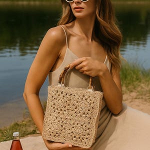Handmade Crochet Rattan Bag with Bamboo Handle | Vintage Summer Tote | Boho Picnic Bag | Beach Handbag