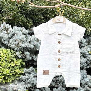 White Muslin Baby Boy Romper | Wooden Button Summer Outfit | Short Sleeve Baby Jumpsuit | Soft Cotton Baby Clothes | Minimalist Baby Gift