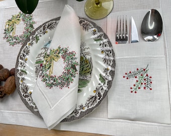 Juego de mesa navideño bordado: servilletas de lino, manteles individuales, camino de mesa