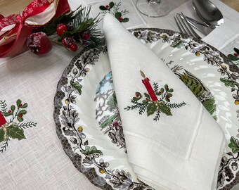 Juego de cena navideño de lino bordado: servilletas, manteles individuales, camino de mesa