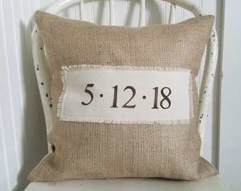 Wedding Date pillow / free shipping / date pillow / personalized gift / wedding engagement anniversary gift / burlap / canvas /