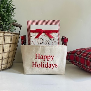 Happy Holidays gift basket - neighbor gift - tartan plain - Christmas bin - gift under 25 - custom - personalized gift- decoration special