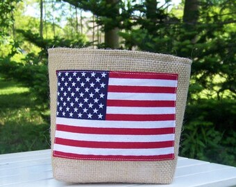 american flag basket - burlap - fourth of july - decoration - july 4th - burlap basket - patriotic - americana
