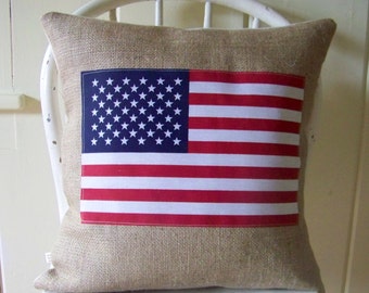 Burlap American Flag Pillow