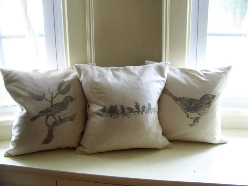Set of 3 bird pillow covers gray bird on branch bird Etsy