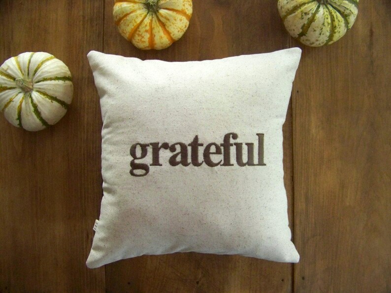 May include: A white throw pillow with the word "grateful" embroidered in brown on a white background. The pillow is surrounded by three small gourds.