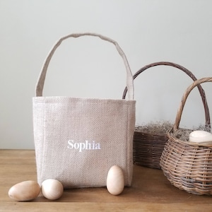 Embroidered Burlap Easter Basket l basket with name l custom made Easter basket l simple classic handmade l embroidery l baby’s first easter