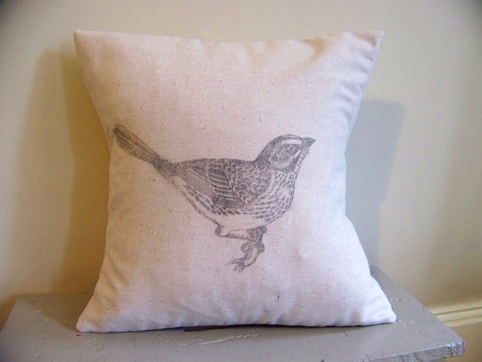 Vintage Bird Pillow Cover / Bird on Branch / Gray / Spring Etsy