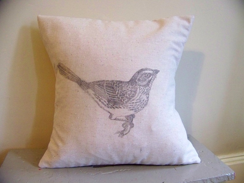 Vintage Bird Pillow Cover / Bird on Branch / Gray / Spring Etsy