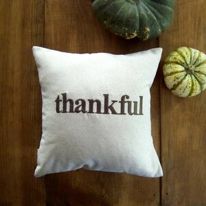 May include: A white throw pillow with the word "thankful" embroidered in brown lettering.