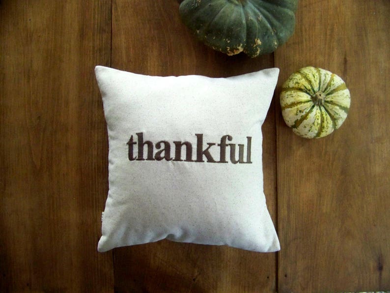 May include: A white throw pillow with the word "thankful" embroidered in brown lettering.