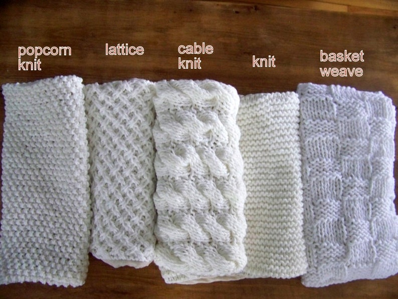 May include: Five white knitted fabric swatches with different stitch patterns. The swatches are labeled "popcorn knit", "lattice", "cable knit", "knit", and "basket weave".