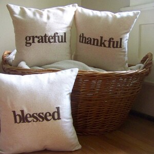 May include: Three white throw pillows with brown text. The pillows say "grateful", "thankful", and "blessed". The pillows are in a wicker basket.