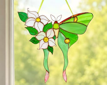 Luna Moth Stained Glass Suncatcher, Flower Window Hanging for Nature Lover Gift