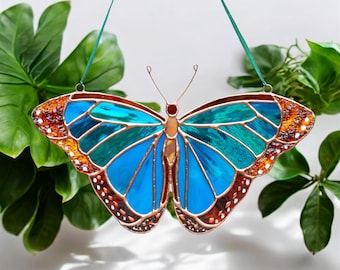 Morpho butterfly stained glass window hangings / Butterfly wall art / Christmas gift / Butterfly ornament /  Custom stained glass suncatcher