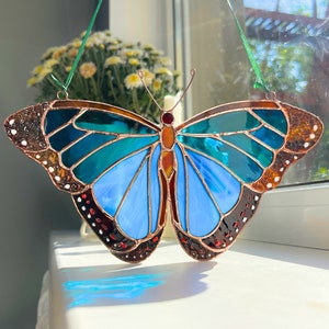 Morpho butterfly stained glass window hangings / Butterfly wall art / Gifts for dad / Butterfly ornament /  Custom stained glass suncatcher