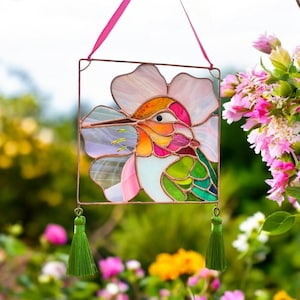 Kolibrie glas-in-lood raamdecoratie / vogelornament / lichtvanger / kolibriekunst / kolibrie glas-in-lood raamhanger