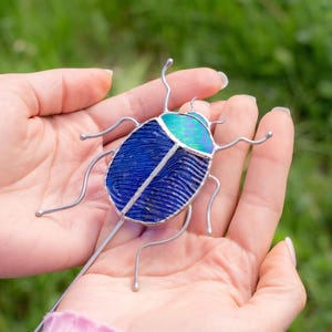 Scarab stained glass window hangings / Small thank you gift / Stained glass garden stakes / Beetle stained glass suncatcher plant stakes