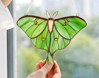 Luna Moth Stained Glass Suncatcher - Long Distance Gift - Butterfly Window Hanging Yard Art