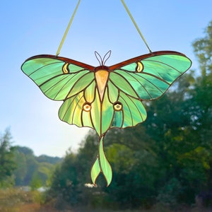 Luna moth stained glass window hangings / Butterfly artwork / Christmas gift for mom / Butterfly stained glass suncatcher / Garden art