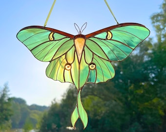 Luna moth stained glass window hangings / Butterfly artwork / Christmas gift for mom / Butterfly stained glass suncatcher / Garden art