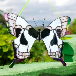 Skull butterfly stained glass window hanging for gothic decor / Modern stained glass suncatcher / Halloween suncatcher / Butterfly ornament