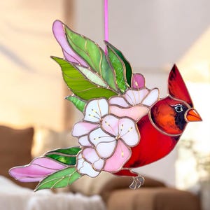 Cardinal Glasmalerei Fensterbehang / Cardinal Wandbehang / Glasmalerei Kardinal Sonnenfänger / Kirschblüten Wandbehang