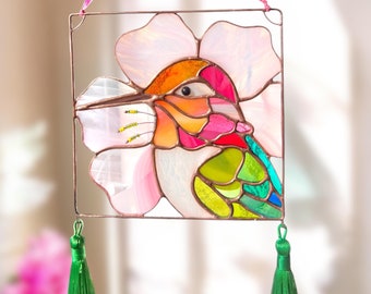 Hummingbird stained glass window hangings / Unique holiday gift / Custom stained glass hummingbird suncatcher / Hummingbird wall art
