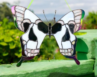 Skull butterfly stained glass window hanging for gothic decor / Modern stained glass suncatcher / Halloween suncatcher / Butterfly ornament