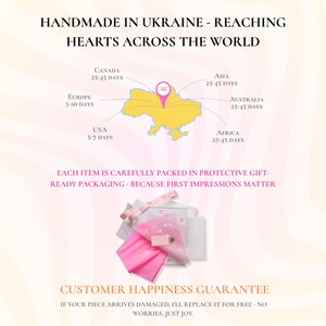 Infographic showing worldwide shipping from Ukraine for stained glass products with delivery times for USA, Europe, Canada, Asia and Australia, gift-ready packaging and guarantee.