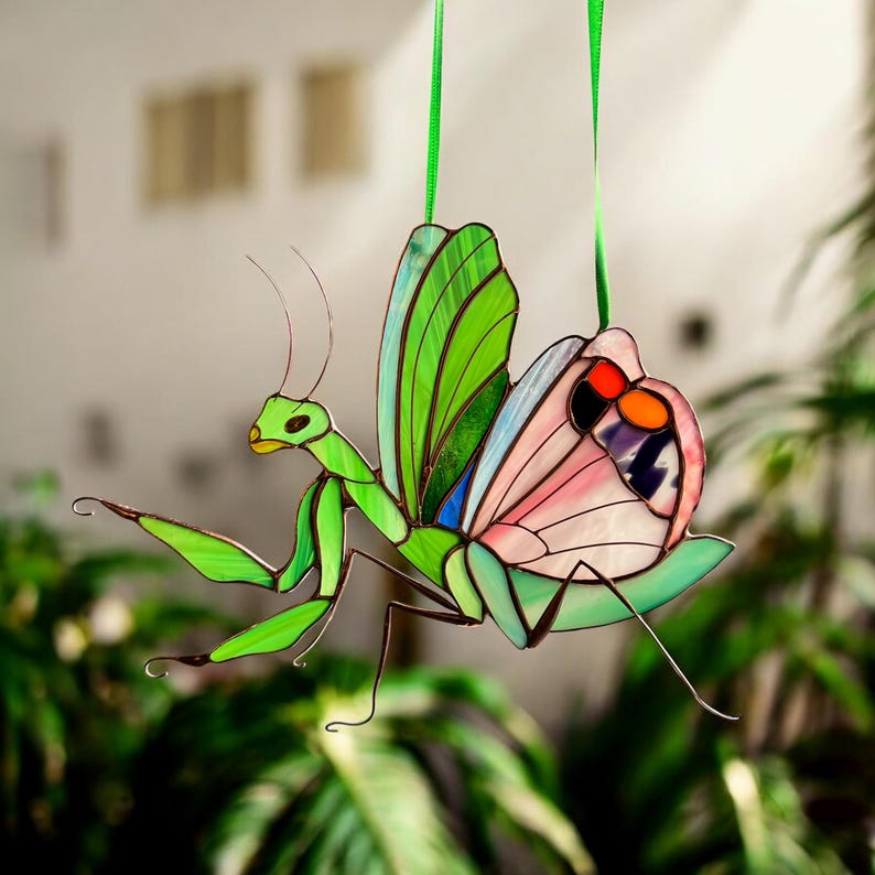 The mantis stands gracefully with folded legs, symbolizing patience and stillness.