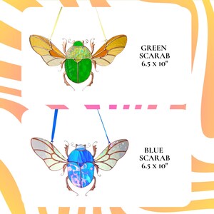 Infographic showing stained glass insect suncatchers including green and blue scarab, praying mantis, mosquito, stag beetle and cicada with sizes, handmade glass window decor collection.