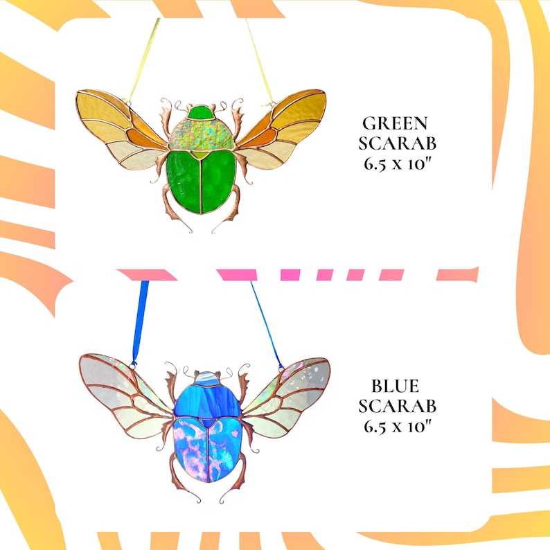Infographic showing stained glass insect suncatchers including green and blue scarab, praying mantis, mosquito, stag beetle and cicada with sizes, handmade glass window decor collection.