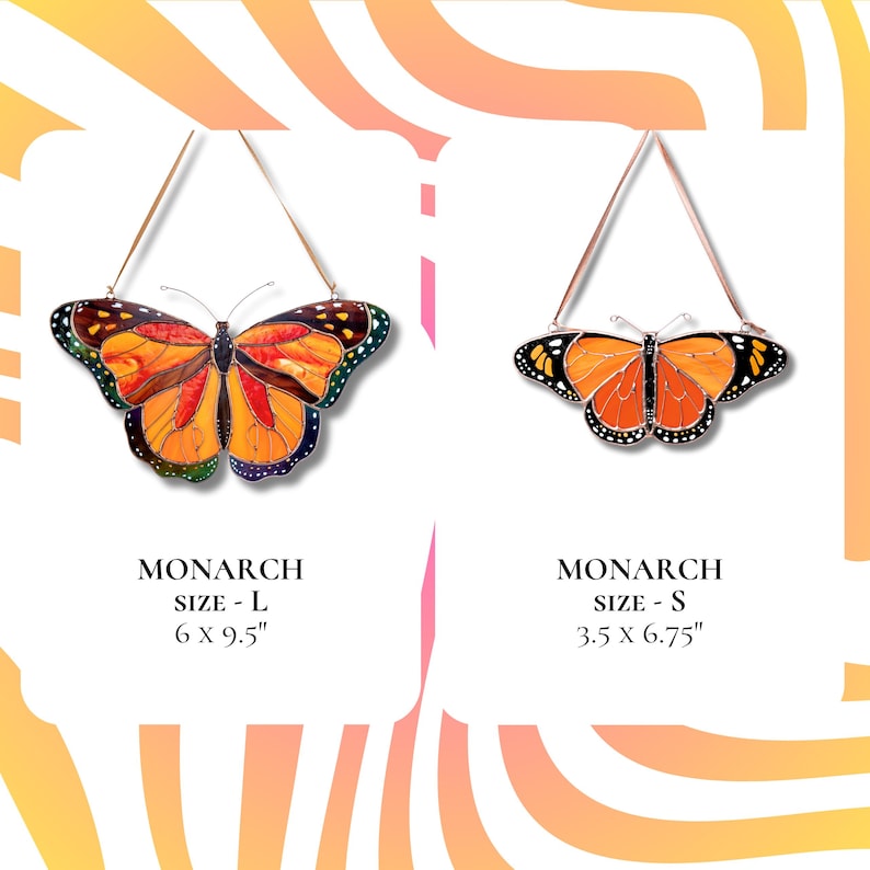 stained glass monarch suncatchers in two sizes, L and S