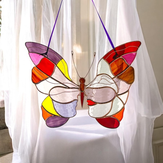 Butterfly line art stained glass panel / Anniversary gifts / Custom stained glass window hangings / Couple gifts / Engagement gifts