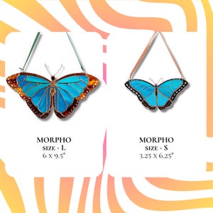 stained glass morpho suncatchers in two sizes, L and S