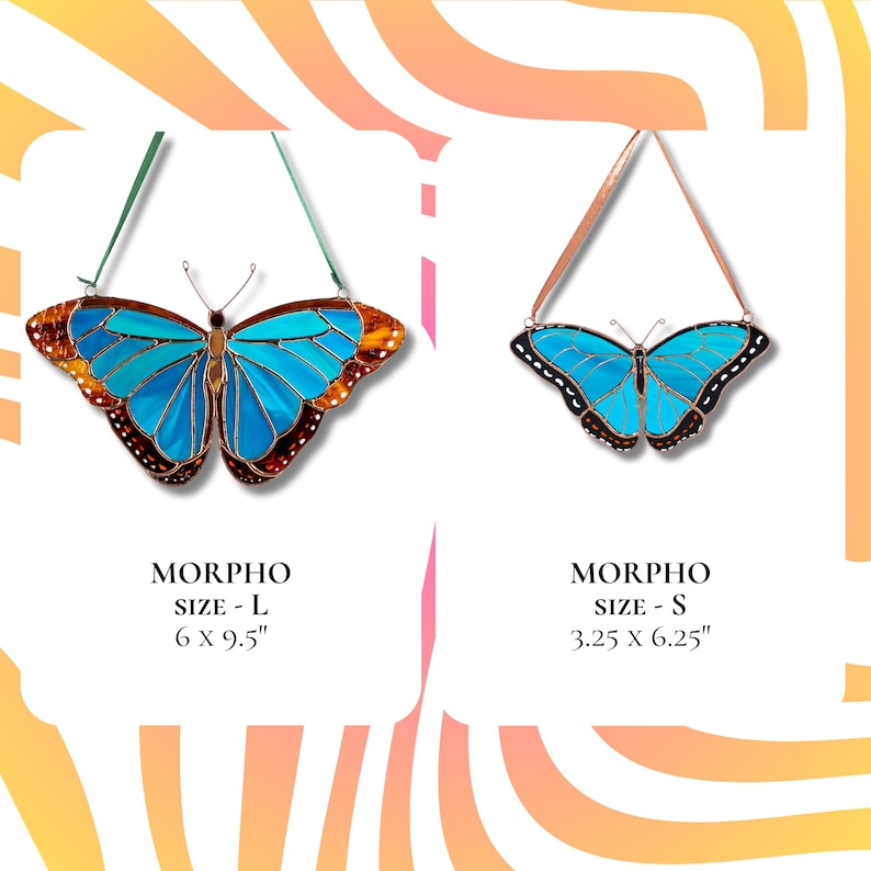 stained glass morpho suncatchers in two sizes, L and S