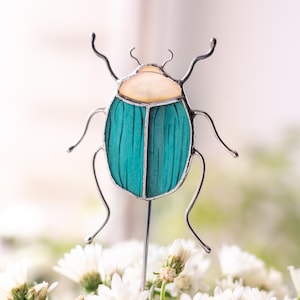 Scarab stained glass holiday hosting gift / Stained glass plant / Custom stained glass garden ornament / Beetle stained glass garden stakes