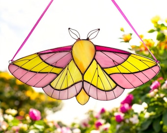 Rosy maple moth stained glass suncatcher / Butterfly wall art gifts for her / Custom stained glass window hangings / Butterfly memorial