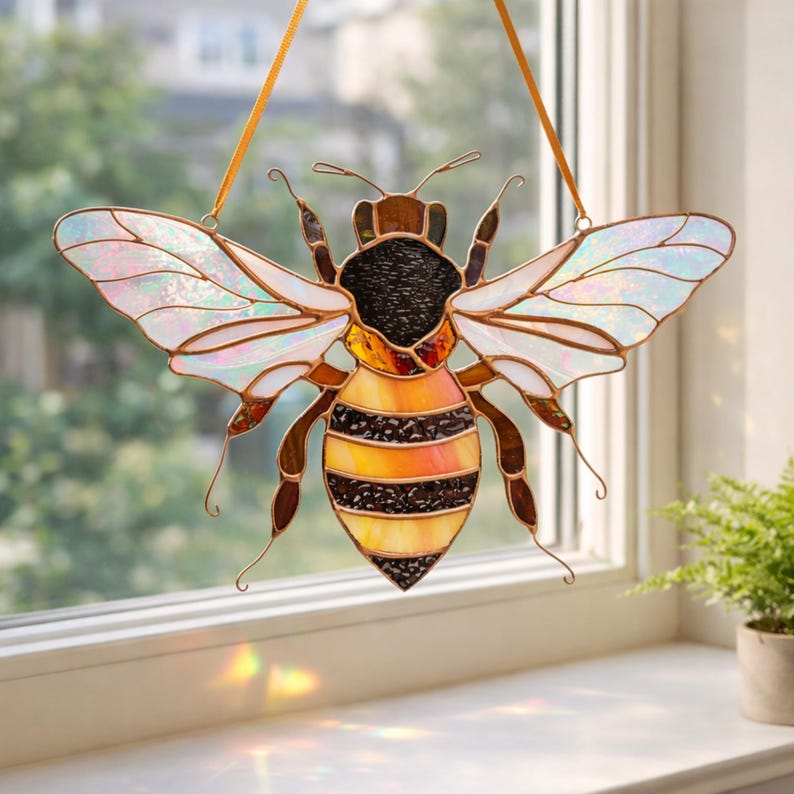 Large stained glass bee suncatcher hanging in a bright window with natural light. Iridescent wings and warm amber glass body create rainbow reflections, adding nature inspired stained glass window decor.